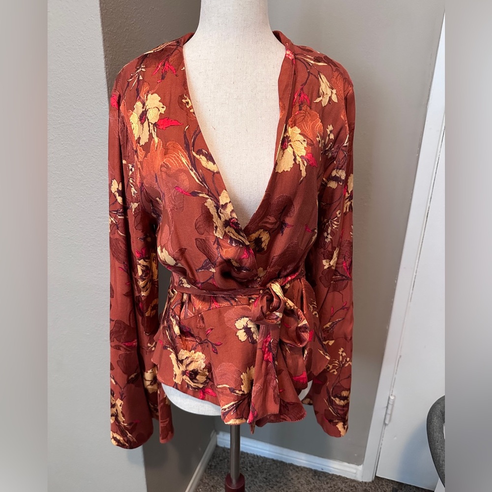 [Free People] Burnt Orange Bell Sleeve Wrap Blouse